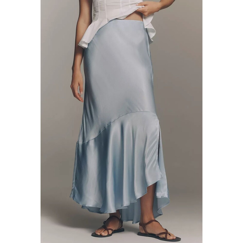 Anthropologie Maeve Women Satin Asymmetric Midi Slip Skirt size L NWT Light Blue